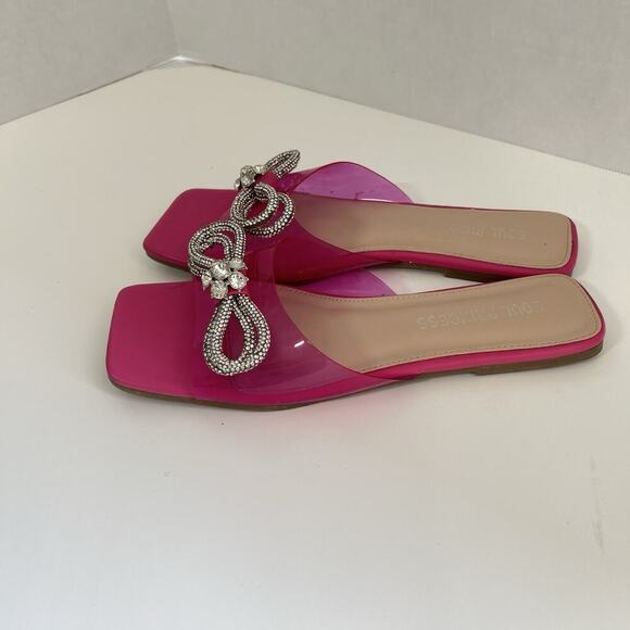 Flat Sandals Bow Rhinestones Size 9 Pink Sparkle Summer Beach Soul Princess - Picture 5 of 8